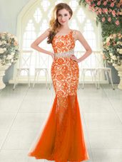 Comfortable Orange Red Sleeveless Beading and Lace Floor Length Evening Dress
