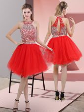 Fantastic Red Organza Backless Homecoming Dress Sleeveless Knee Length Beading