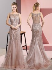 Sleeveless Floor Length Beading Zipper Evening Dress with Pink