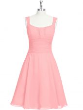 Pink A-line Straps Sleeveless Chiffon Mini Length Zipper Ruching Prom Party Dress