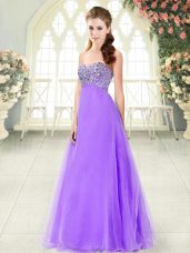 Lavender A-line Sweetheart Sleeveless Tulle Floor Length Lace Up Beading Prom Dress