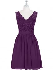 Purple Chiffon Zipper Scalloped Sleeveless Mini Length Lace