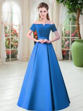 Glorious Blue Off The Shoulder Neckline Belt Evening Gowns Short Sleeves Lace Up