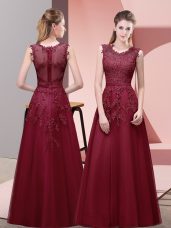 Suitable Burgundy Zipper Prom Gown Lace and Appliques and Belt Sleeveless Floor Length