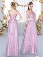 Floor Length Empire Sleeveless Lavender Bridesmaids Dress Lace Up