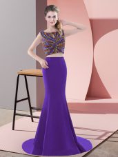 Best Purple Prom and Party with Beading Scoop Sleeveless Sweep Train Backless