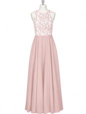 Lace and Appliques Prom Evening Gown Pink Zipper Sleeveless Floor Length