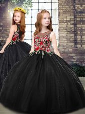 Perfect Black Ball Gowns Embroidery Kids Pageant Dress Zipper Tulle Sleeveless Floor Length