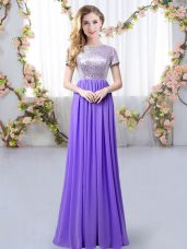 Floor Length Lavender Quinceanera Court of Honor Dress Scoop Short Sleeves Zipper