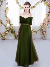 Spectacular Olive Green Short Sleeves Tulle Lace Up Bridesmaid Gown for Prom and Party and Wedding Party