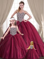 Low Price Floor Length Red 15th Birthday Dress Tulle Sleeveless Beading