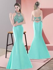 Dazzling Blue and Apple Green Prom and Party and Military Ball with Beading Halter Top Sleeveless Sweep Train Backless