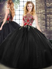 Fashionable Sleeveless Floor Length Embroidery Zipper Quinceanera Dresses with Black