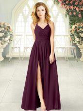 Elegant Burgundy Empire Ruching Casual Dresses Zipper Chiffon Sleeveless Floor Length