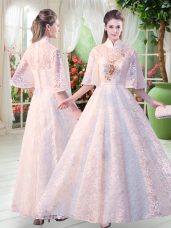 Exceptional White High-neck Neckline Appliques Half Sleeves Zipper