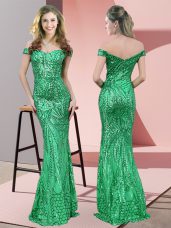 Lovely Off The Shoulder Sleeveless Dress for Prom Floor Length Ruching Green Sequined