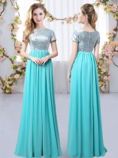Custom Made Aqua Blue Empire Sequins Bridesmaids Dress Zipper Chiffon Short Sleeves Floor Length