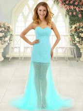 Custom Designed Aqua Blue Zipper Sweetheart Beading Evening Dress Tulle Sleeveless Brush Train