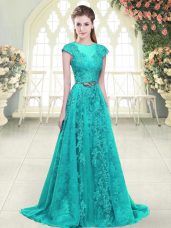 A-line Cap Sleeves Aqua Blue and Green Evening Dresses Sweep Train Zipper