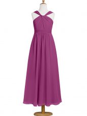 Sleeveless Chiffon Tea Length Zipper Prom Dresses in Fuchsia with Ruching