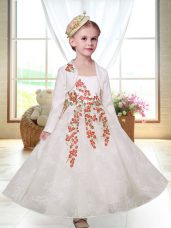 White A-line Lace Straps Sleeveless Embroidery Ankle Length Zipper Flower Girl Dresses for Less