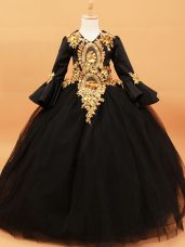 Lovely Black Kids Formal Wear Beading and Appliques Long Sleeves Floor Length