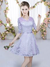 Cute V-neck Half Sleeves Lace Bridesmaid Dress Belt Zipper