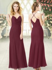 Stylish Burgundy Evening Wear Prom and Party with Ruching Spaghetti Straps Sleeveless Zipper