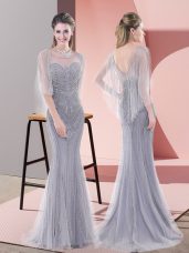 Glamorous Tulle Half Sleeves Prom Dresses Sweep Train and Beading