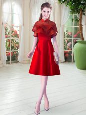 Red Zipper High-neck Lace Teens Party Dress Satin Cap Sleeves
