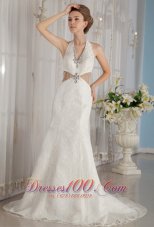 Exclusive Trumpet / Mermaid Halter Watteau Train Tulle Rhinestone Wedding Dress - Top Selling