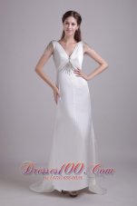White Column V-neck Brush Train Taffeta Beading Prom Dress - Top Selling