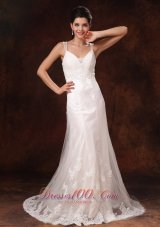 Straps And V-neck With Lace Appliques Decorate Waist Court Train 2013 New Styles Wedding Dress For Customize