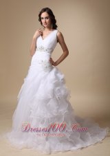 Beautiful A-line V-neck Court Train Taffeta and Organza Beading and Ruffles Wedding Dress