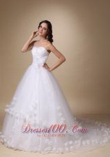 One Shoulder Chapel Train Ball Gown With Hand Made Flowers Wedding Dress