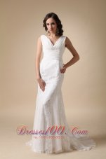 Fashionable Column V-neck Brush Train Chiffon and Lace Ruch Wedding Dress