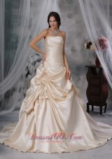 Champagne A-Line / Princess Strapless Court Train Taffeta Ruched Wedding Dress
