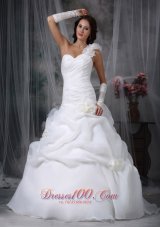 Elegant A-line / Princess One Shoulder Brush Train Organza Hand Made Flowers Wedding Dress