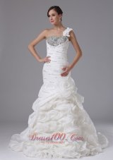 Mermaid One Shoulder Wedding Dress In Arroyo Grande California With Ruched Bodice Ruffled Layers