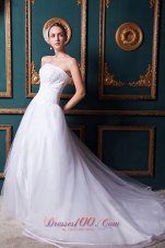 Lovely A-line Strapless Chapel Train Organza Beading Wedding Dress