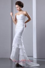 Elegant Column Sweetheart Brush Train Taffeta Ruffled Layers and Appliques Wedding Dress
