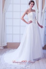 Elegant A-line Strapless Court Train Organza Sashes Wedding Dress