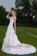 Modest A-line Off The Shoulder Court Train Taffeta Lace and Ruch Wedding Dress
