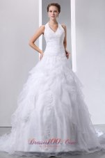 Elegant A-line Halter Wedding Dress Taffeta and Organza Appliques Court Train