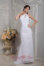 Simple Column One Shoulder Wedding Dress Chiffon Ruch Brush Train