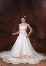 Stylish Embroidery Straps Organza and Taffeta 2013 Wedding Dress Chapel Train