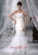 Ivory Trumpet / Mermaid Strapless Court Train Satin and Organza Handle Flowers Wedding Dress