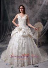 Ivory Princess V-neck Floor-length Taffeta Lace and Hand Made Flowers Wedding Dress