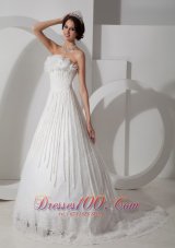 Modest Wedding Dress A-line Strapless Satin and Lace Appliques Brush Train