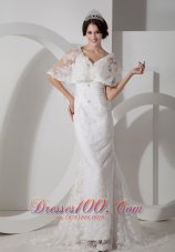 Custom Made Column V-neck Lace Wedding Dress Brush Train